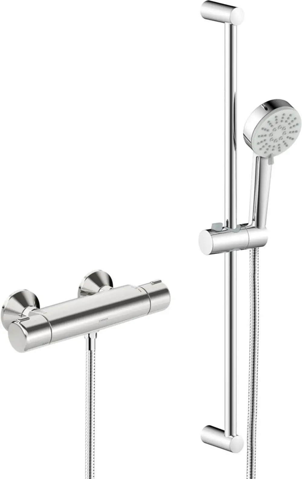 Brausebatterie mit Wandmontage und integrierter Handbrause von HANSA, ausgestattet mit einem flexiblen Schlauch und Halterung, in verchromtem Finish.